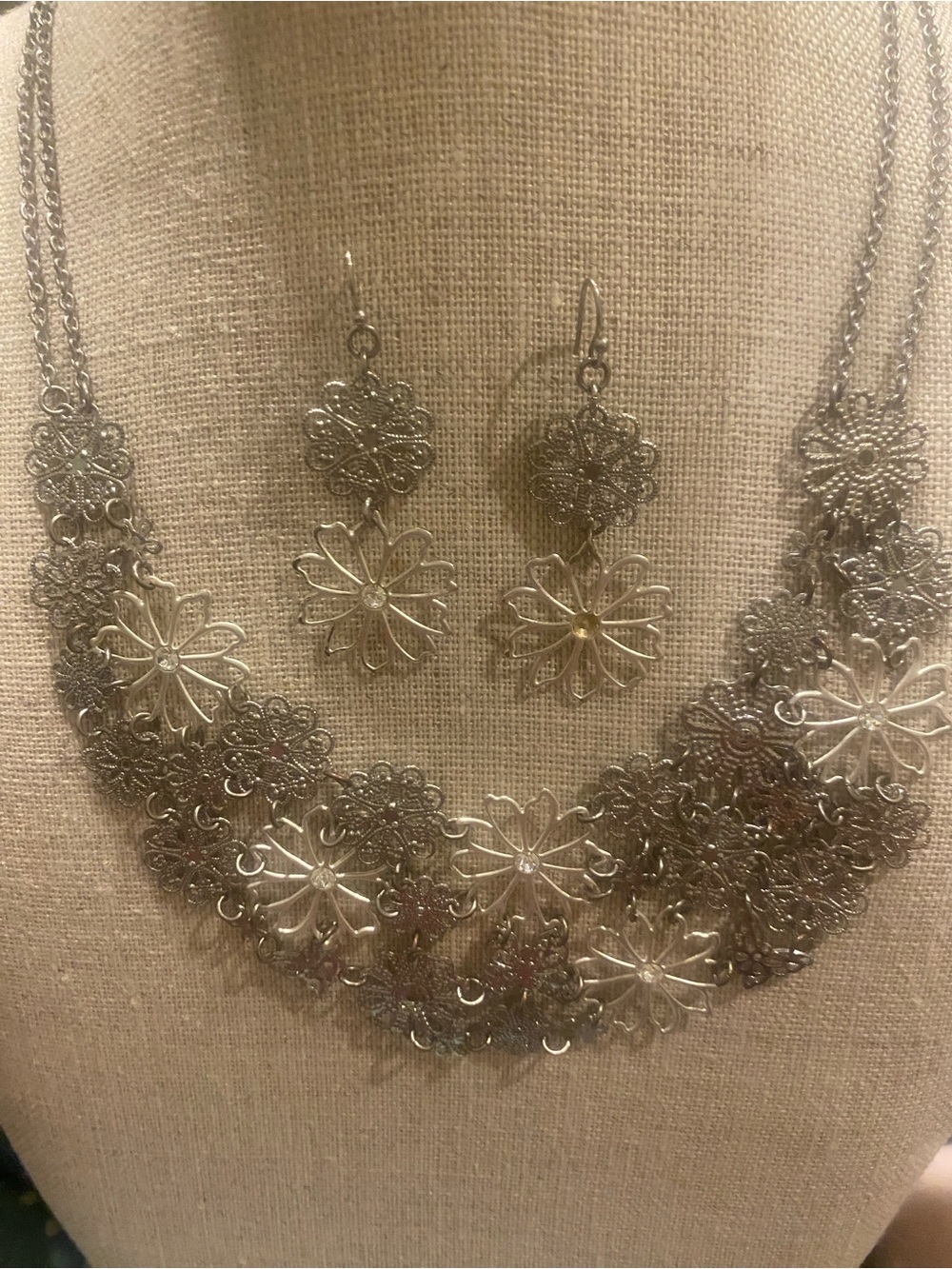 Silver Floral Filigree Necklace with Matching Earrings